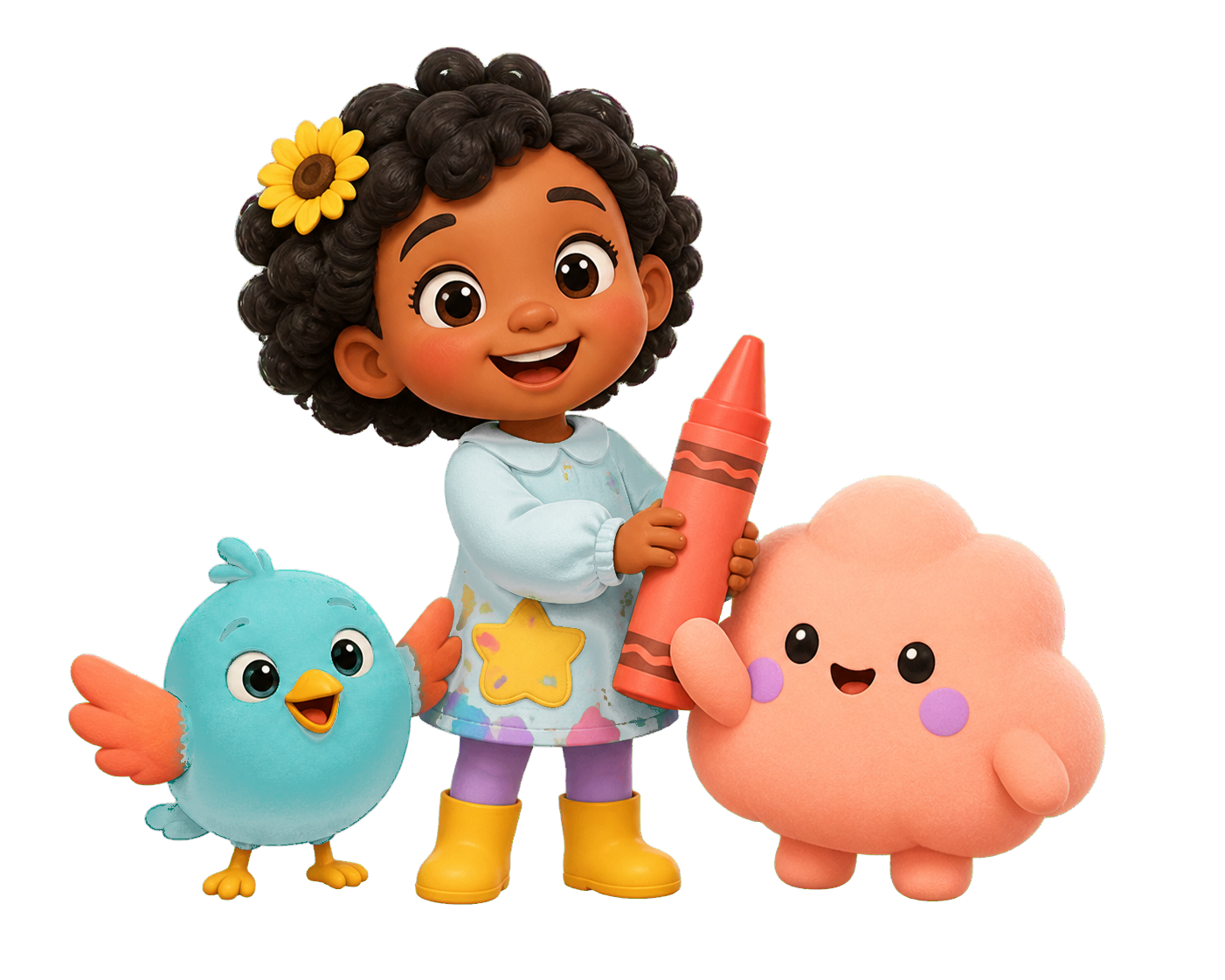 Nia with Pip the bird and Bibi the cloud